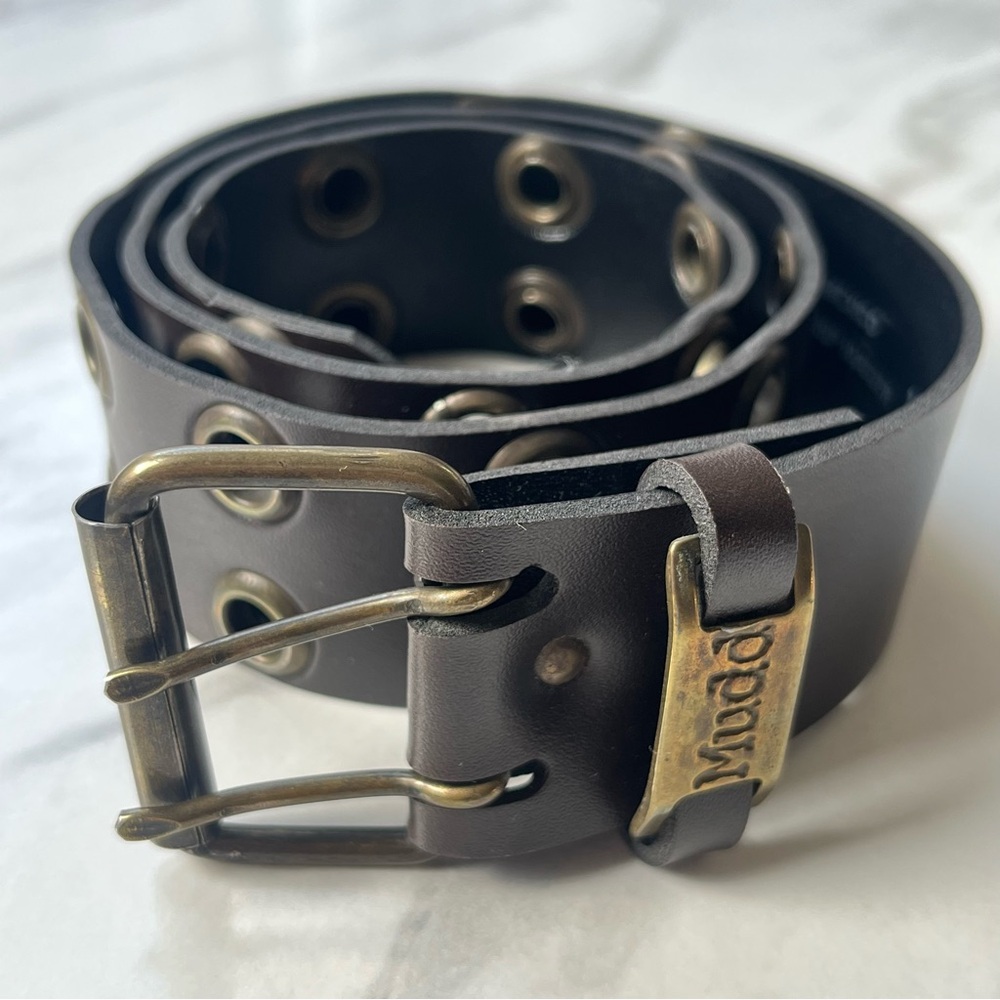 Y2K Mudd Leather Double Grommet Belt Vintage 2000 brown bronze Goth Emo Punk VTG